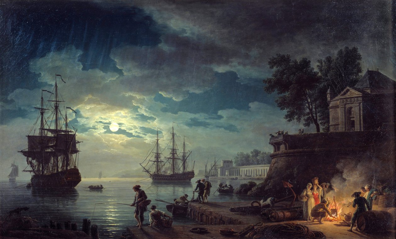 Måneskinsfiskeri Natudsigt over en havn med mænd, der laver bål. Maleri af Joseph Vernet af Claude Joseph Vernet