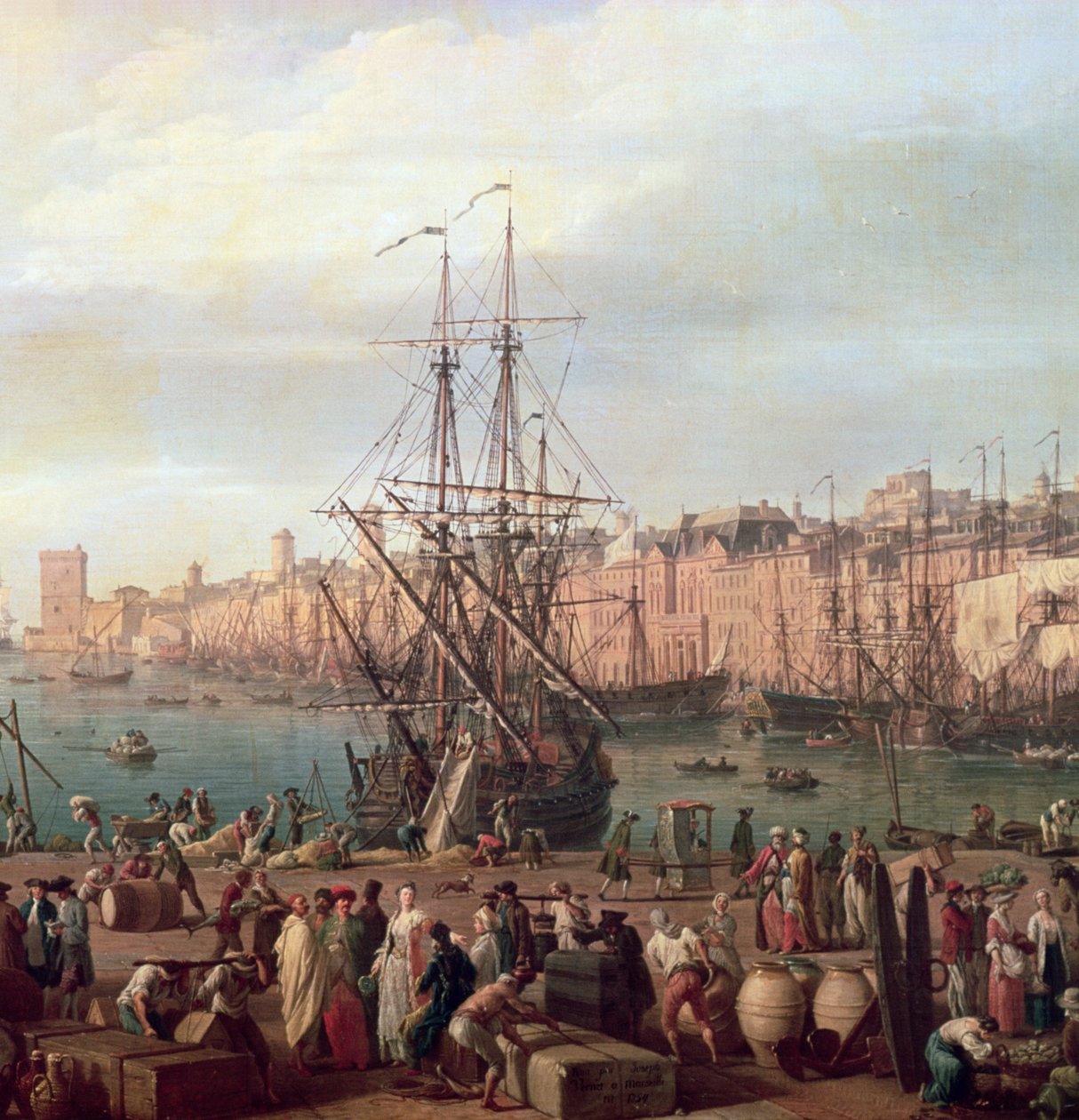 Morgenudsigt over den indre havn i Marseille og pavillonen i Horloge du Parc, 1754 (detaljer fra 156103) af Claude Joseph Vernet