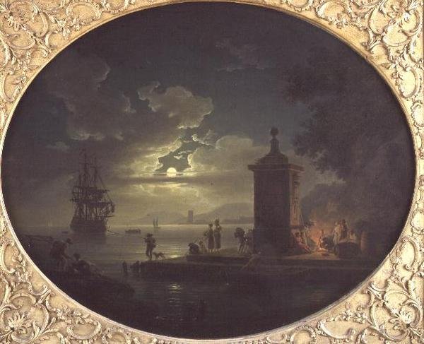 Nat: Et månebelyst kystlandskab med Fisherfolk ved en ild på en kaj, en krigsmand hinsides af Claude Joseph Vernet