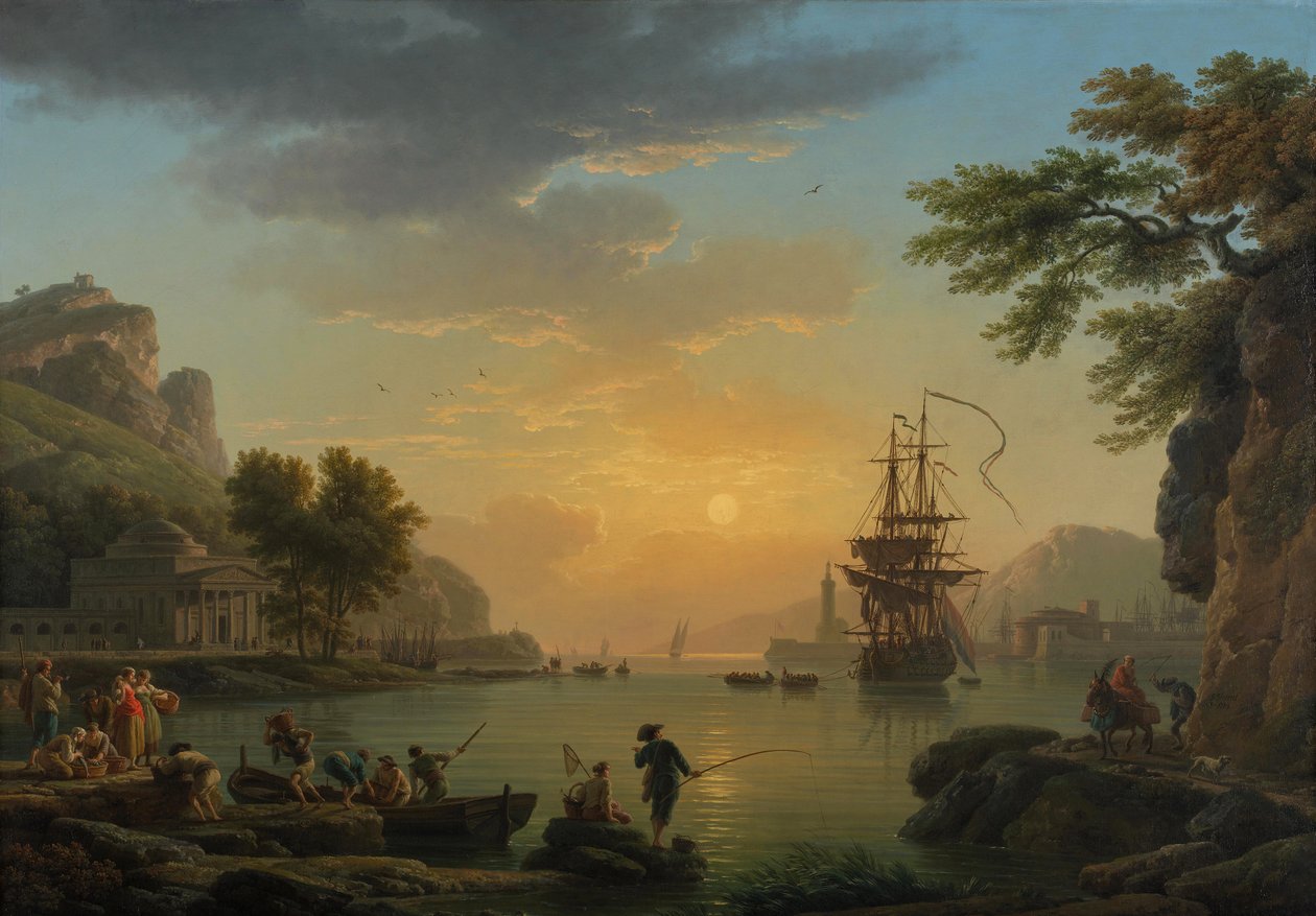 ""Landskab ved solnedgang med fiskere, der vender tilbage med deres fangst" Maleri af Claude Joseph Vernet (1714-1789) Olie på lærred 1773 Dim 114,5x164 cm National Gallery, London af Claude Joseph Vernet
