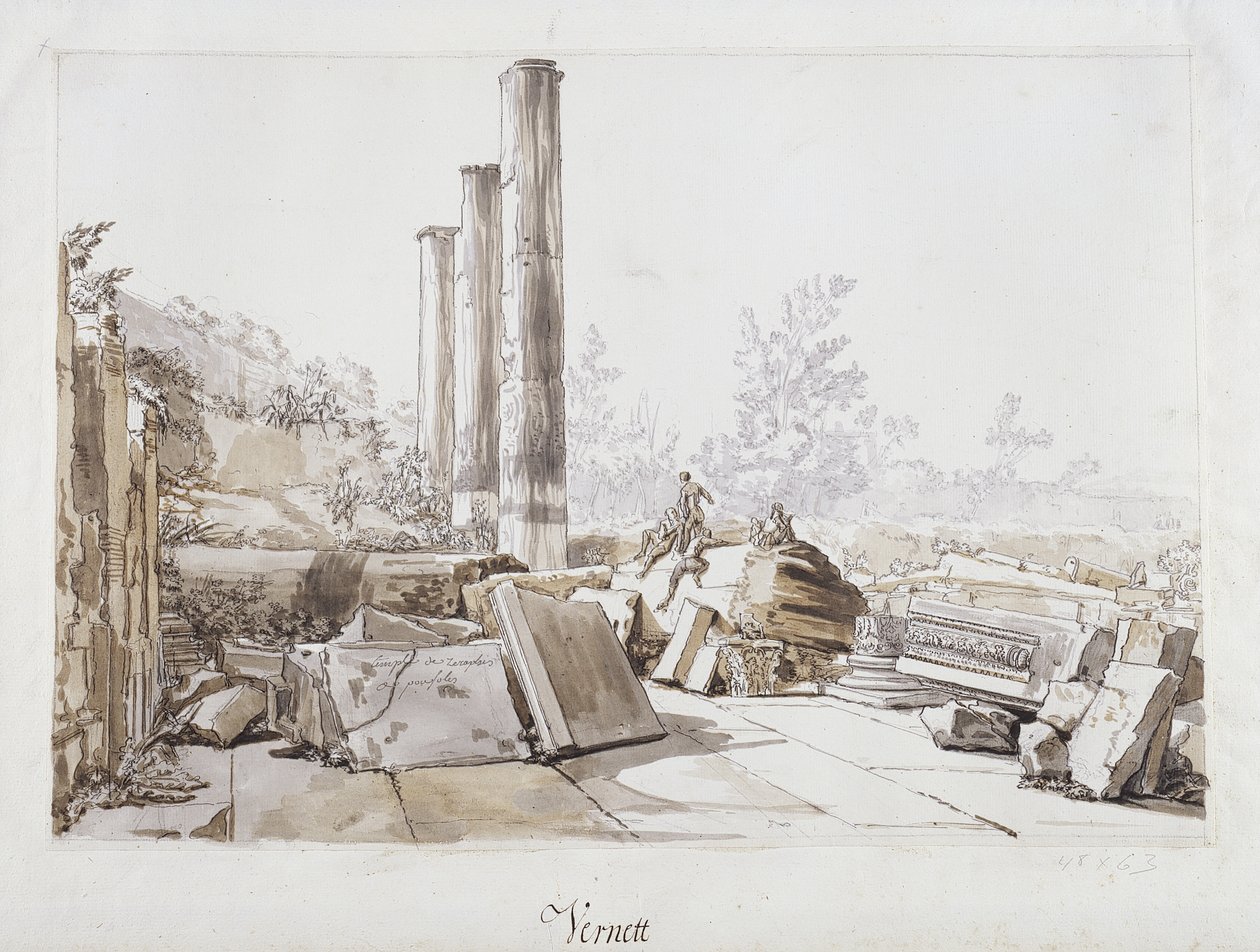 Ruinerne af Serapis-templet i Pozzuoli, 1750 (pen og blæk og vask over sort kridt på papir) af Claude Joseph Vernet