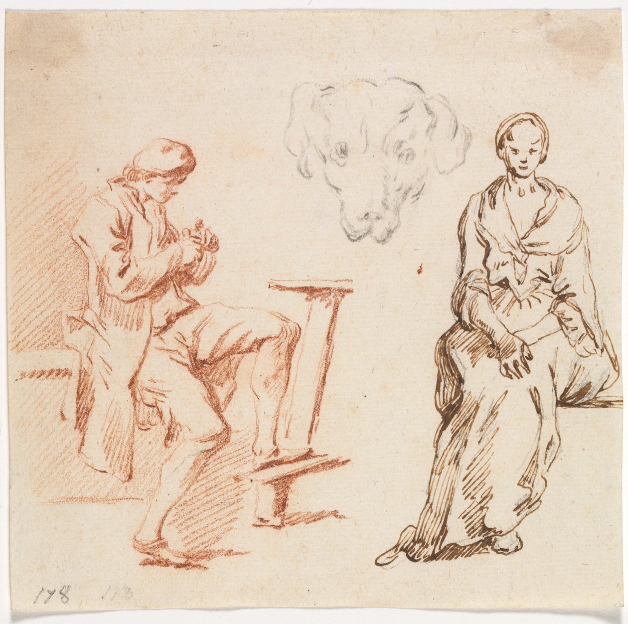 Studieark: Siddende mand, hoved af en hund, siddende kvinde, 1700-tallet. af Claude Joseph Vernet