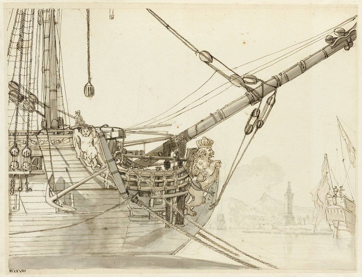 Studie af et krigsskibs stævn med britiske krigsskibe og Napolis havn bagved af Claude Joseph Vernet