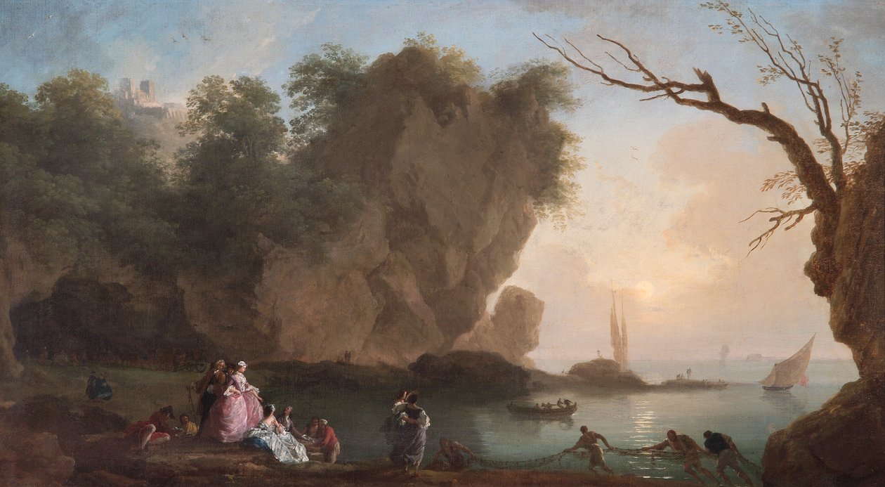 Solnedgang: Udsigt over en bugt med figurer af Claude Joseph Vernet