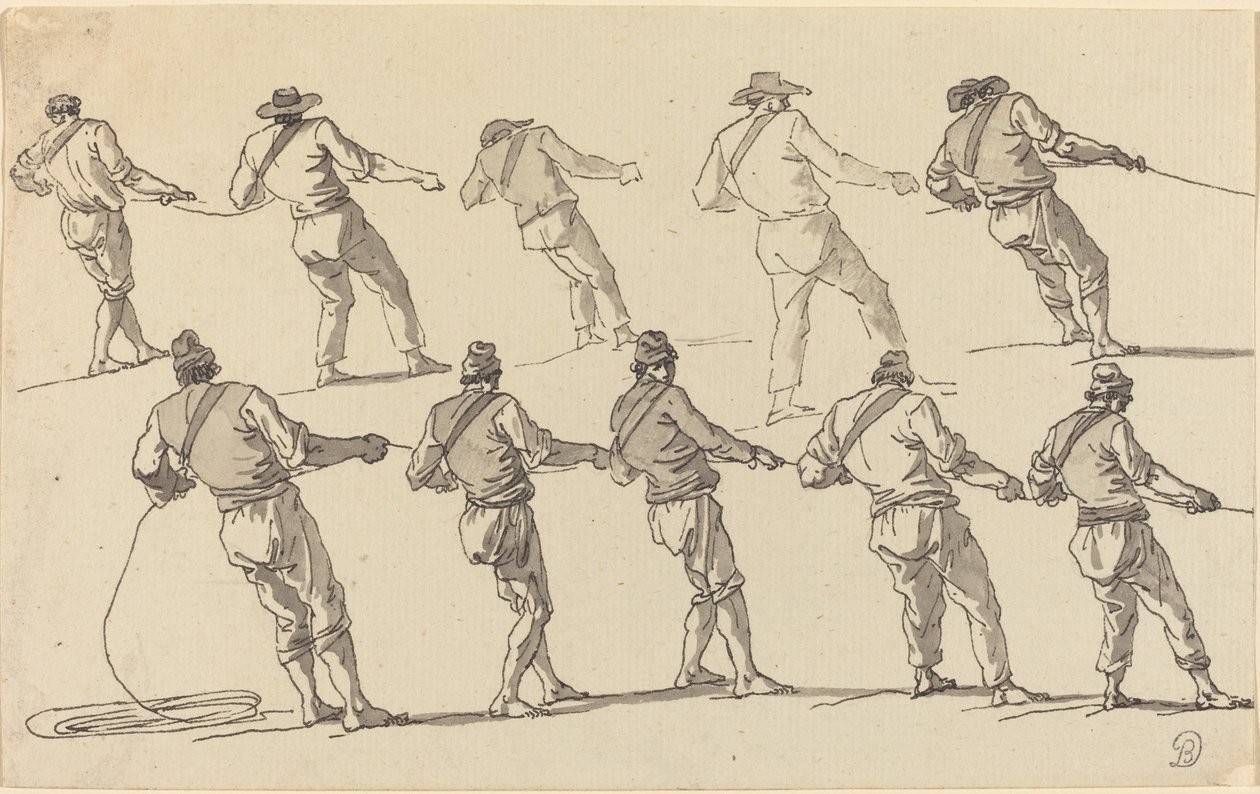 Ti mænd, der trækker i reb af Claude Joseph Vernet