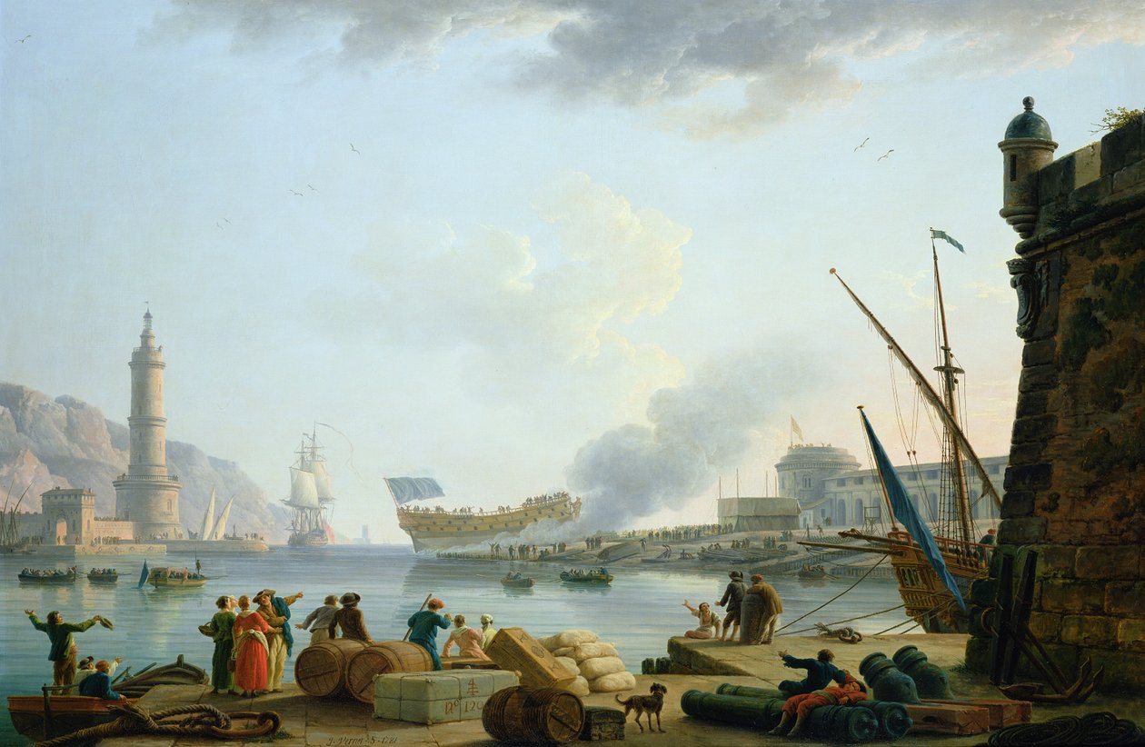 Lanceringen af krigsskibet ved mundingen af en havn, 1781 af Claude Joseph Vernet