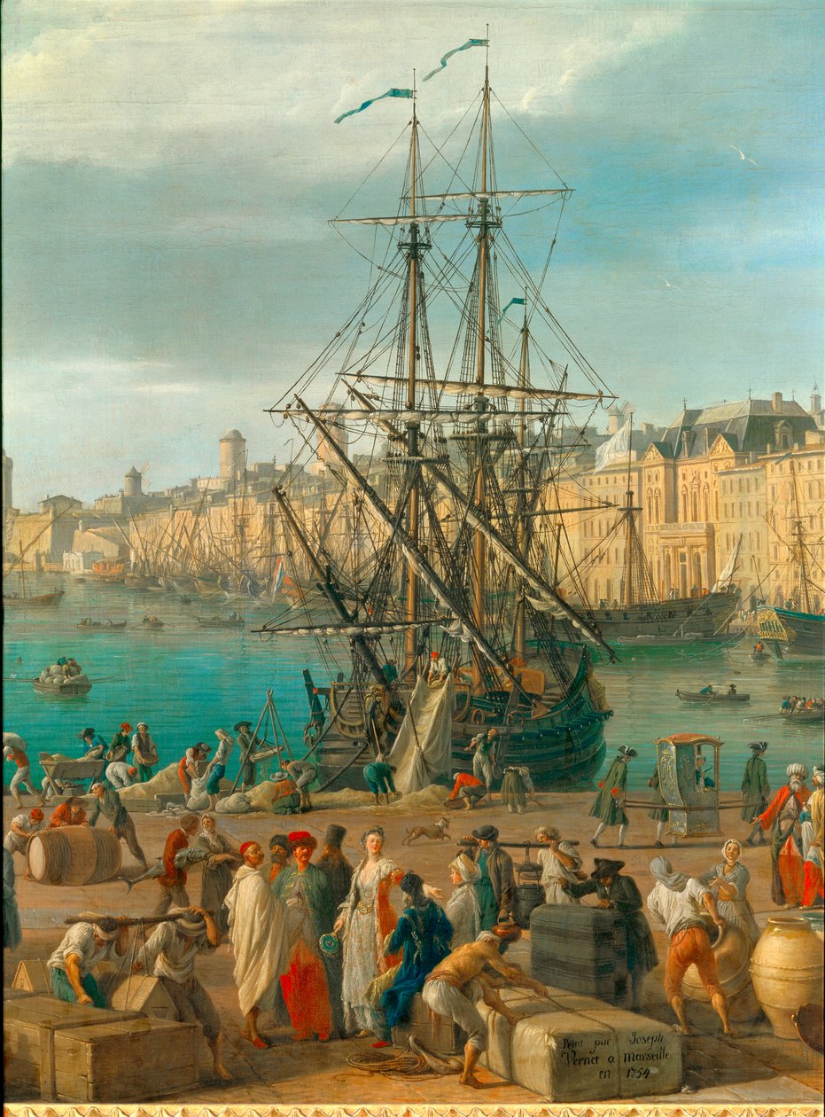 Marseilles havn i det 18. århundrede Detalje, der repræsenterer losning af varer. Maleri af Joseph Vernet (1714-1789) Paris fra det 18. århundrede. Marine Museum af Claude Joseph Vernet