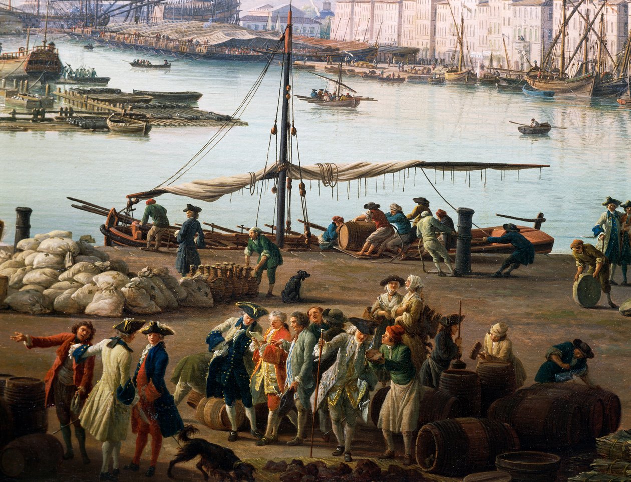 Tredje visning af Toulon, udsigt over gammel havn fra siden af fødevarebutikkerne, detaljer (olie på lærred) af Claude Joseph Vernet