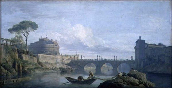 Udsigt over broen og slottet St. Angelo, Rom, ca. 1748 (olie på lærred) af Claude Joseph Vernet