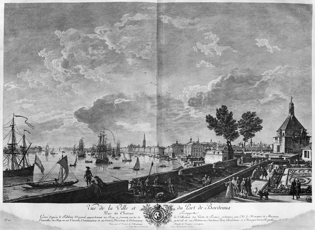 Udsigt over byen og havnen i Bordeaux set fra Chateau Trompette, serie af "Les Ports de France", indgraveret af Charles Nicolas Cochin den yngre af Claude Joseph Vernet