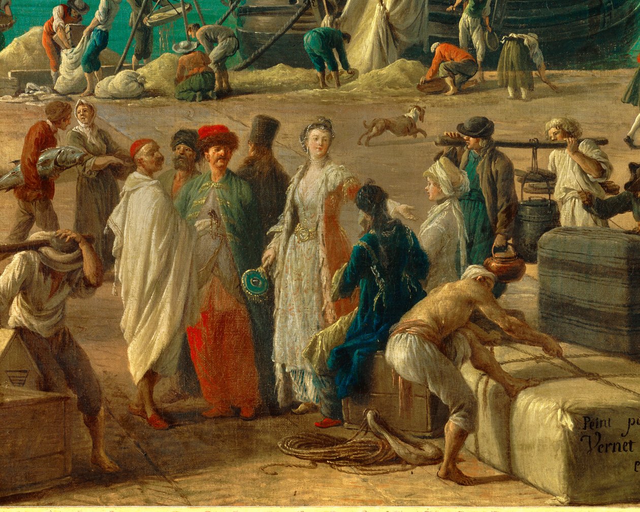 detalje af: Havnen i Marseille i det 18. århundrede”” Detalje, der repræsenterer losning af varer. Maleri af Joseph Vernet (1714-1789) Paris fra det 18. århundrede. Marine Museum af Claude Joseph Vernet