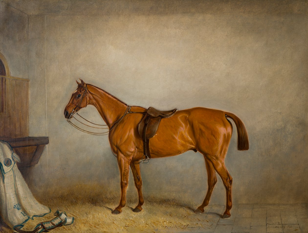 Hesteplaneten i en stald, ca. 1866 (olie på lærred) af Claude L. Ferneley