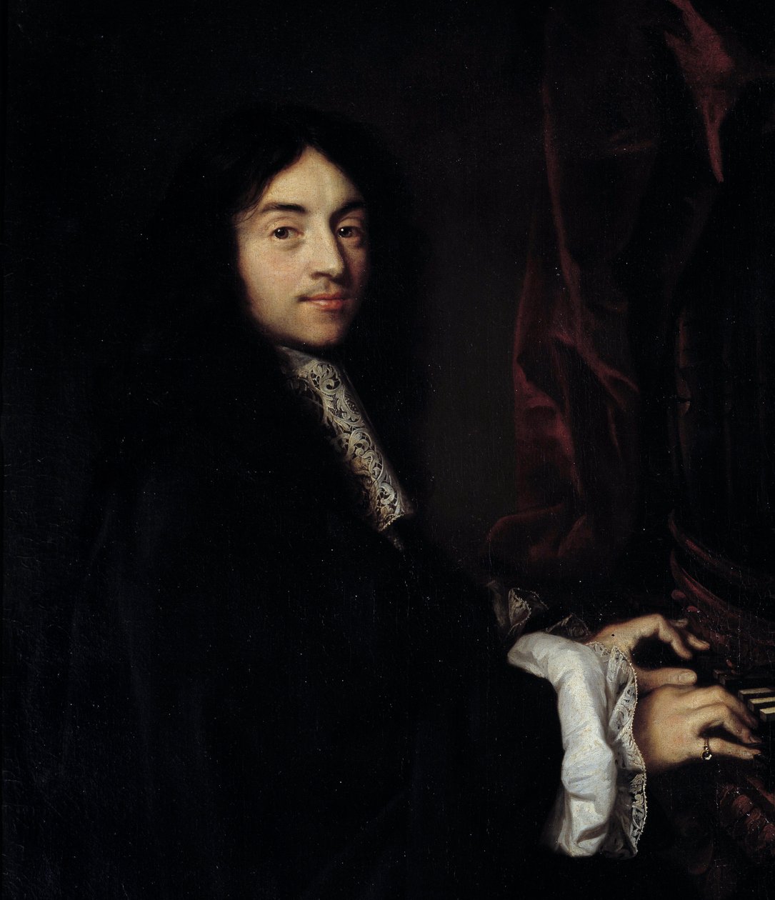 Detalje af "" Portræt af organisten Charles Couperin (1638-1679) med malerens datter"" Maleri af Claude Lefebvre (1632-1675) 1600-tallet søn. 1,27x0,96 m af Claude Lefebvre