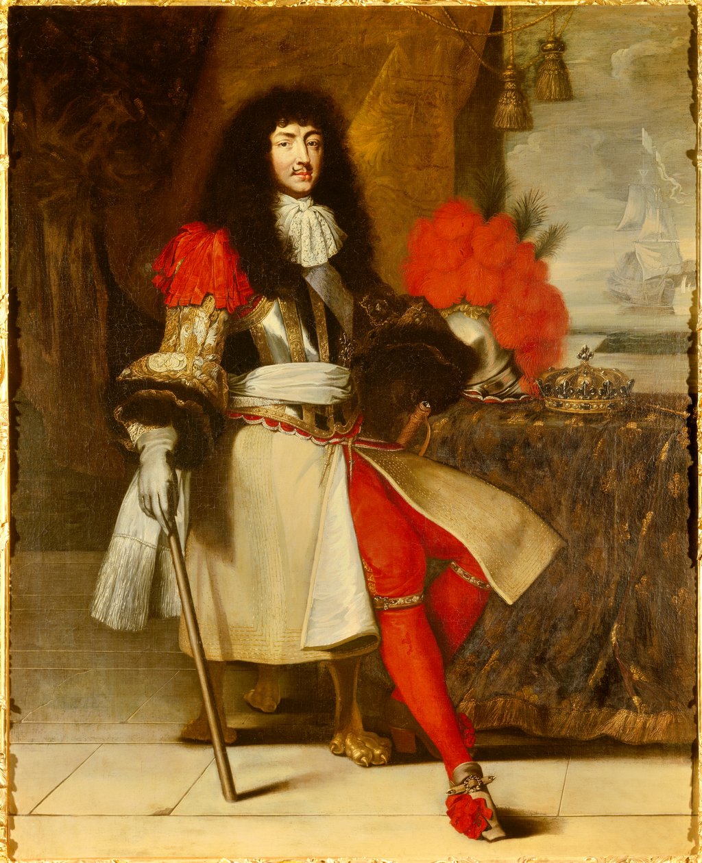 Portræt i foden af Ludvig XIV, konge af Frankrig og Navarra (1638-1715) - ca. 1665-1670 (slagskib med krone og scepter stillet på bordet, foran et maritimt landskab med en båd) Maleri af Claude Lefebvre (1632- 1675) Omkring 1670 søn. 1,96x1,55 af Claude Lefebvre