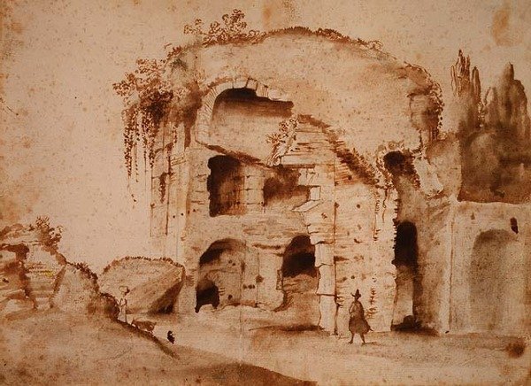 En ruin på Palatinen (blæk og vask på papir) af Claude Lorrain