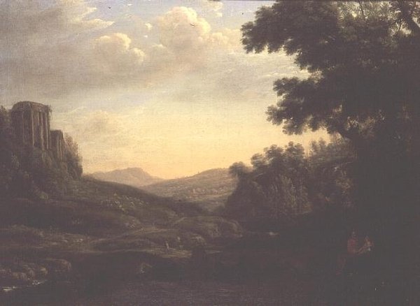 Omfattende skovklædt landskab med ruineret tempel (olie på lærred) af Claude Lorrain