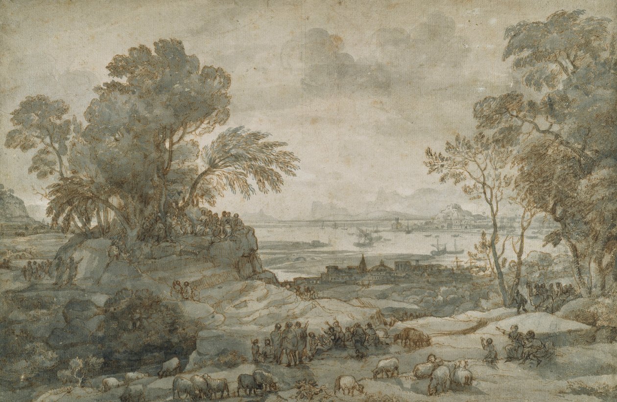 Landskab med Kristus, der prædiker bjergprædikenen (pen og brunt blæk med grå vask på papir) af Claude Lorrain