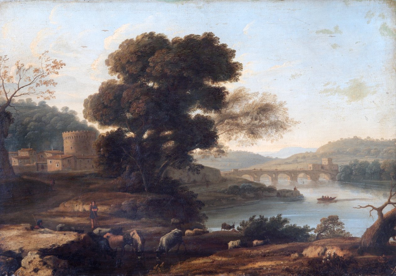 Pastoralt landskab med Ponte Molle, Rom (olie på lærred) af Claude Lorrain (1600 82)