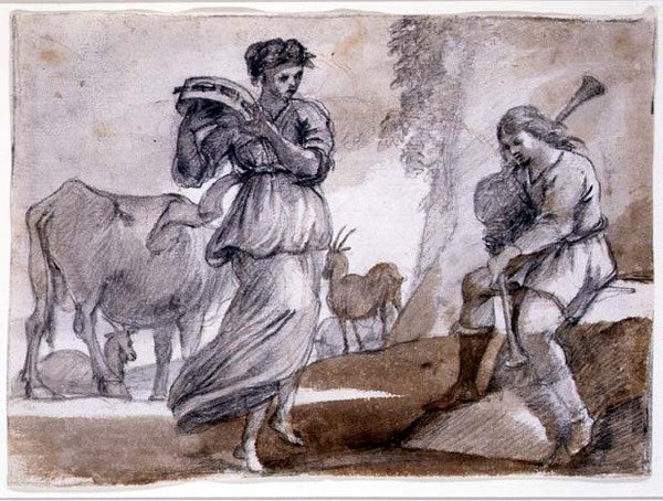 Rural Dance (sort og rødt kridt og vask på papir) af Claude Lorrain