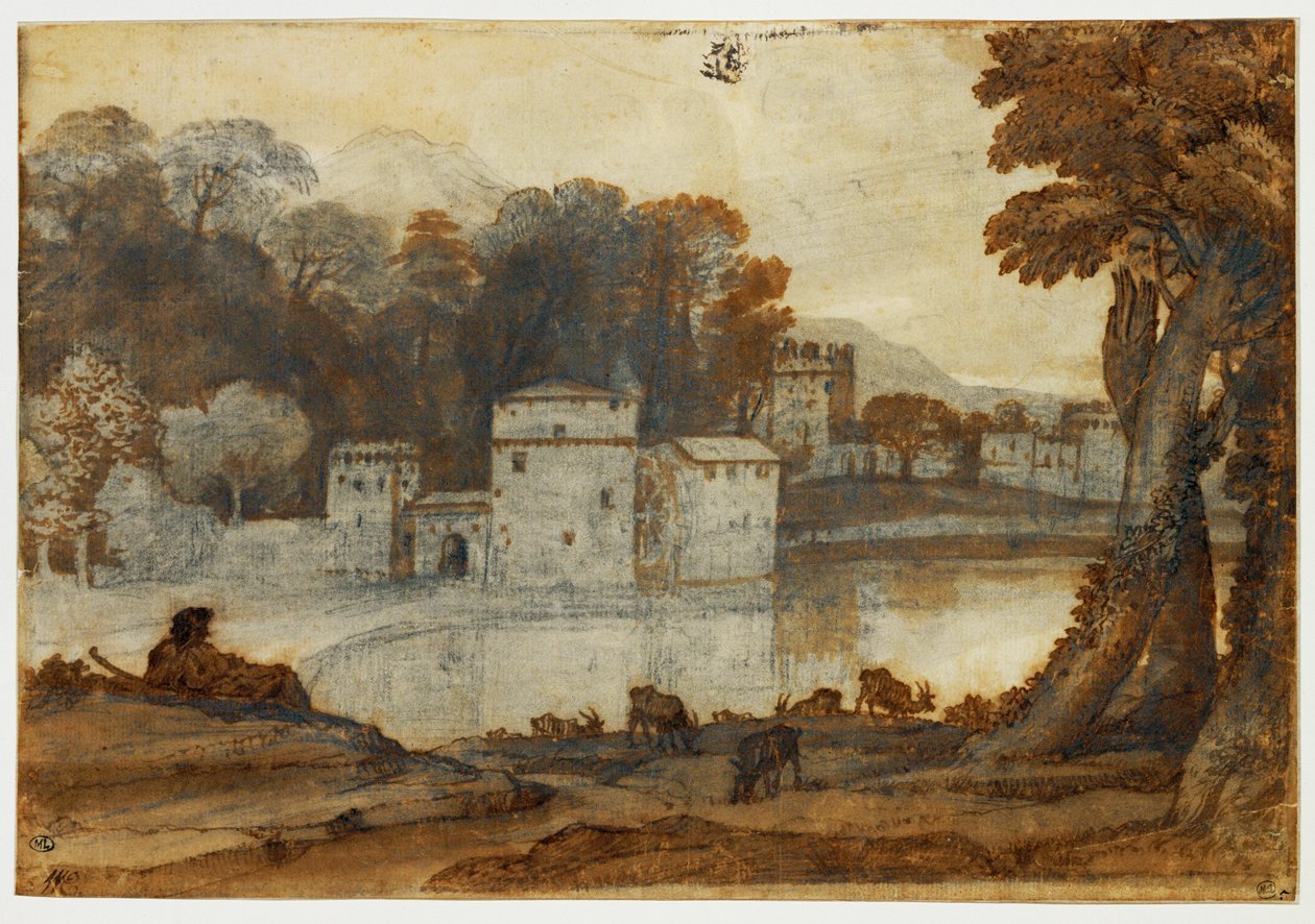 Hyrde ved en sø i nærheden af en befæstet mølle ... af Claude Lorrain (1600 82)