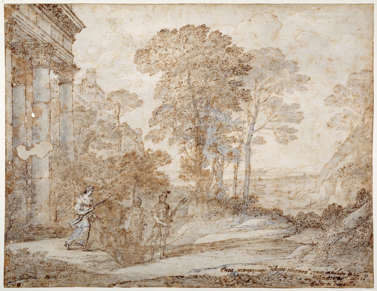 Mødet mellem Venus og Æneas, ca. 1678 (pen & blæk med vask på papir) af Claude Lorrain