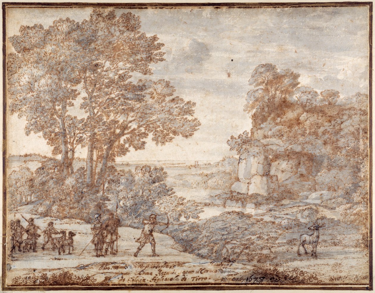 Ascanius skyder hjorten af Sylvia, ca. 1680 (pen & blæk med vask på papir) af Claude Lorrain