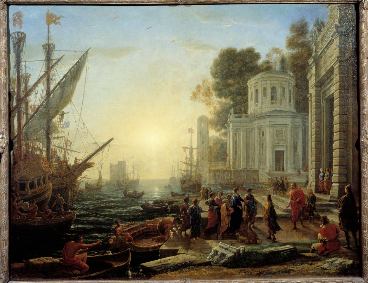Klarering fra Cleopatre til Tarsus. Cleopatre, dronning af Egypten møder Marc Antoine, i Tarsus (provinsen Kilikien, Tyrkiet) i 41 f.Kr. Maleri af Claude Gellee Dit Le Lorrain (1600-1682) af Claude Lorrain