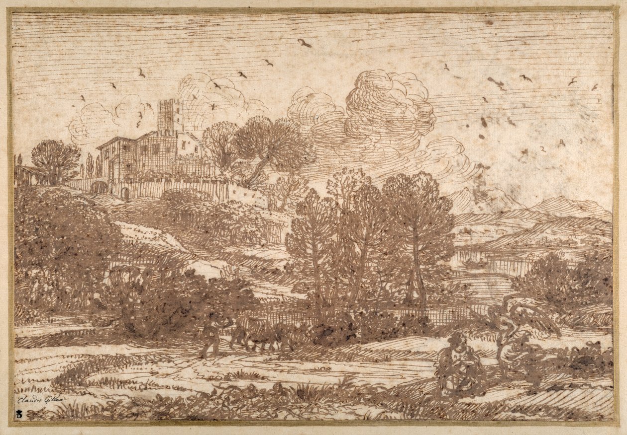 Hagar og englen (pen og brunt blæk på papir) af Claude Lorrain