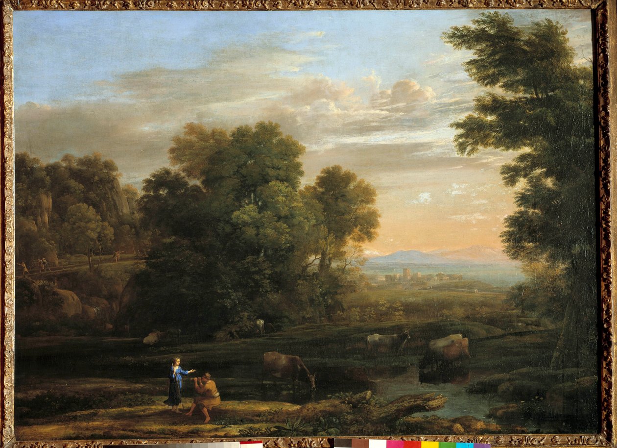 Landskab med hyrde, der spiller den landlige Scene flageolet. Maleri af Claude Gellee kaldet Lorrain (1600-1682) 1600-tallet. Privat samling af Claude Lorrain