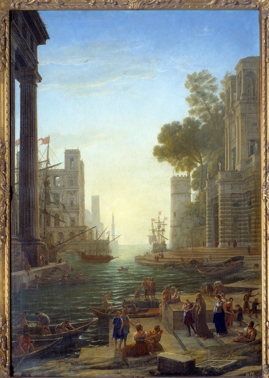 Landskab med Saint Paula Romanas båd ved Ostia. Saint Paula forlader sine børn for at rejse til det hellige land. Lærred, 211 x 145 cm - Boarding fra Sainte Paule til Ostia. St. Paule (347-404 eller 407), romersk enke, discipel af Sankt Hieronymus. Maleri  af Claude Lorrain