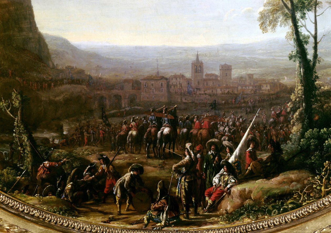 Ludvig XIII (1601-1643) tvang Pas de Susa nær Torino, forsvaret af styrkerne fra hertugen af Savoyen i 1629. Detalje. Maleri af Claude Gellee dit le Lorrain (1600-1682) Paris, Musee du Louvre af Claude Lorrain