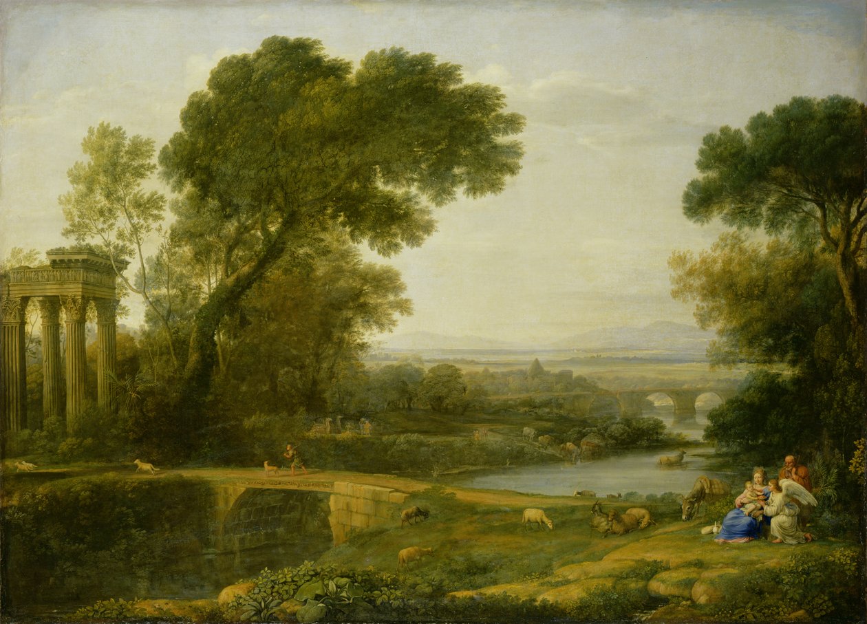 Resten på flugten til Egypten (olie på lærred) af Claude Lorrain