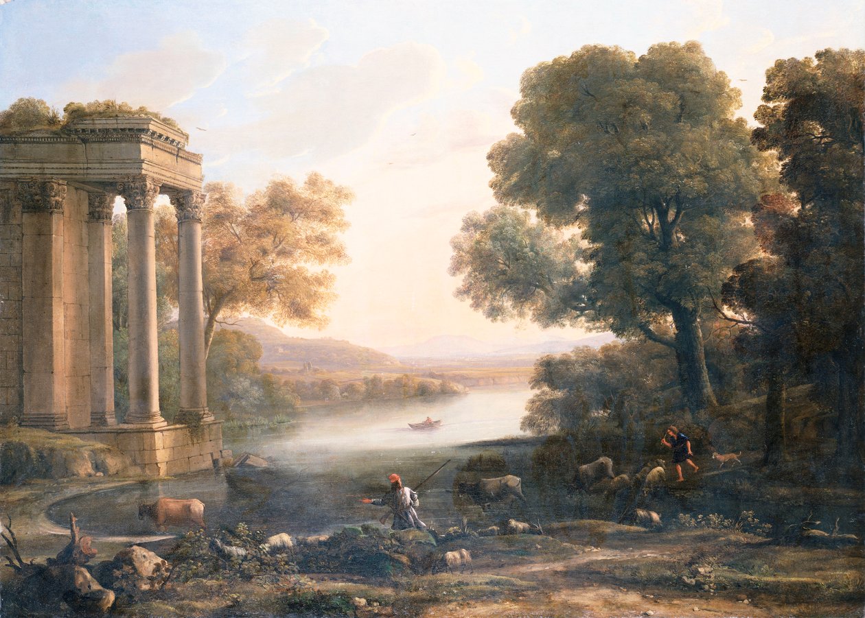 Et pastoralt landskab med ødelagt tempel, ca. 1638 af Claude Lorrain