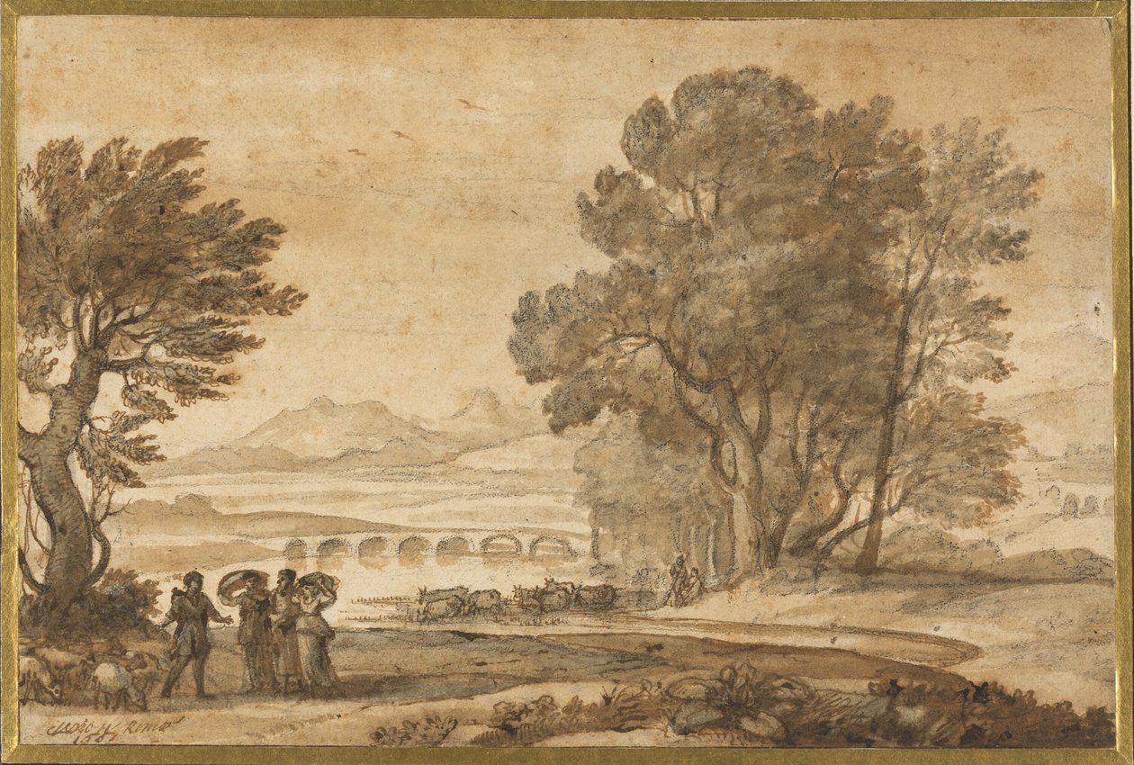 Et skovklædt flodlandskab med Jakob, Laban og hans døtre af Claude Lorrain