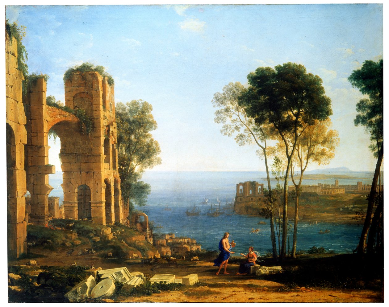 Kystudsigt med Apollo og Cumaean Sibyll, mellem 1645 og 1649. af Claude Lorrain