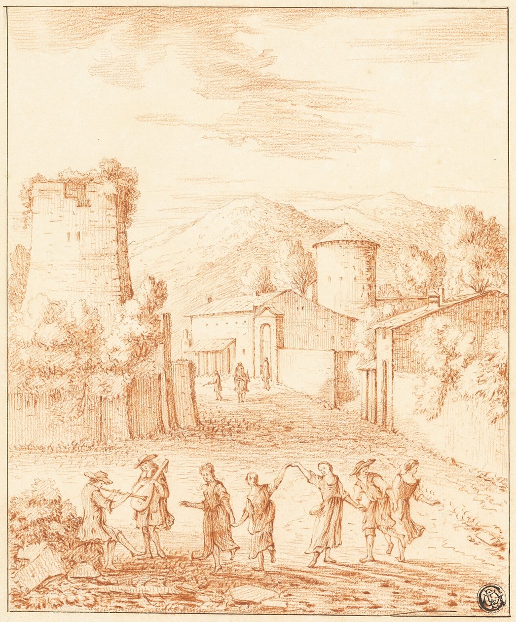Dansere og musikere foran landsby med ødelagt tårn af Claude Lorrain