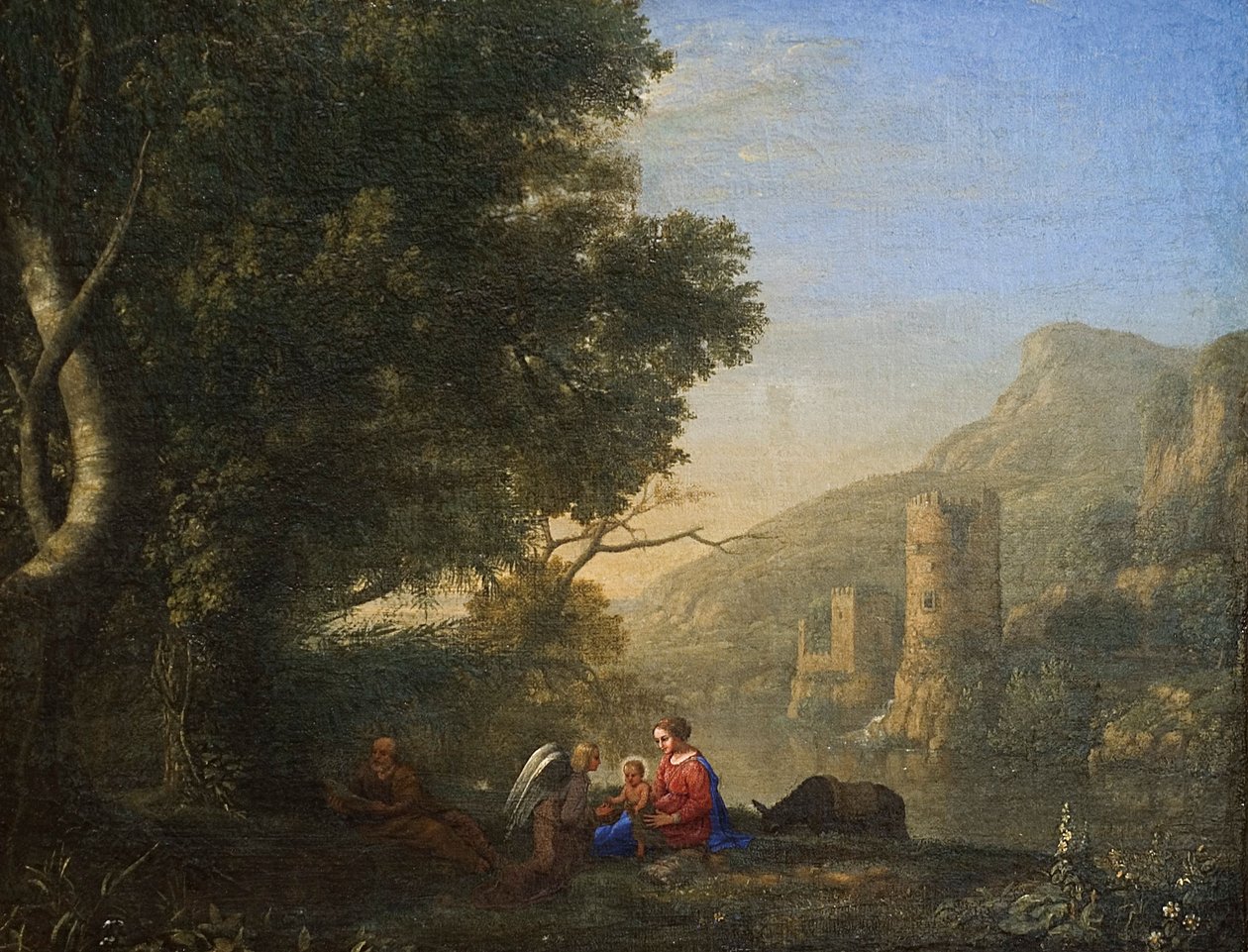 Fransk: Paysage avec le repos pendant la fuite en Egypte (Landskab med hvile under flyveturen til Egypten) af Claude Lorrain