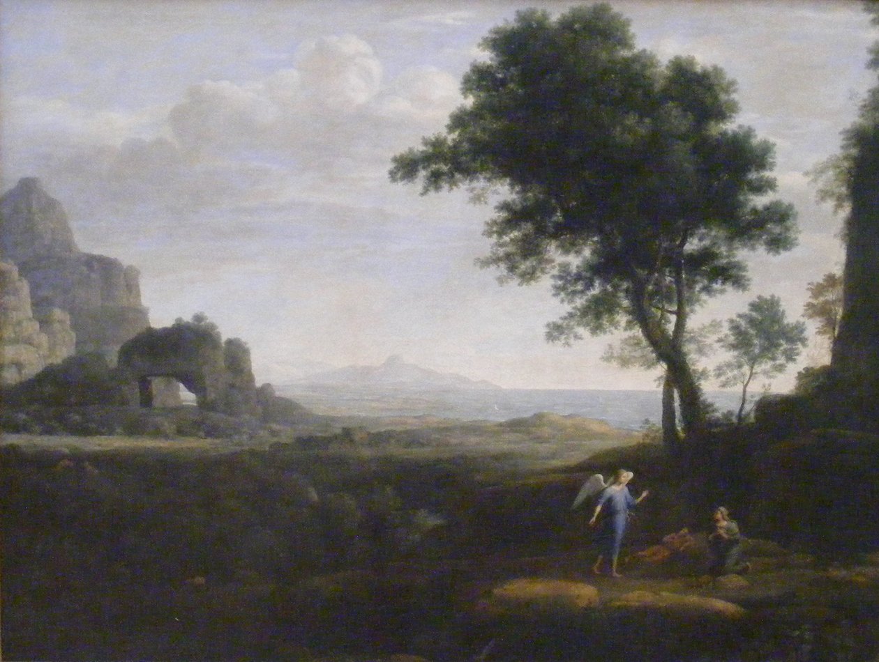 Tysk: Hagar und Ismael in der Wüste Hagar og Ismael i ørkenen af Claude Lorrain
