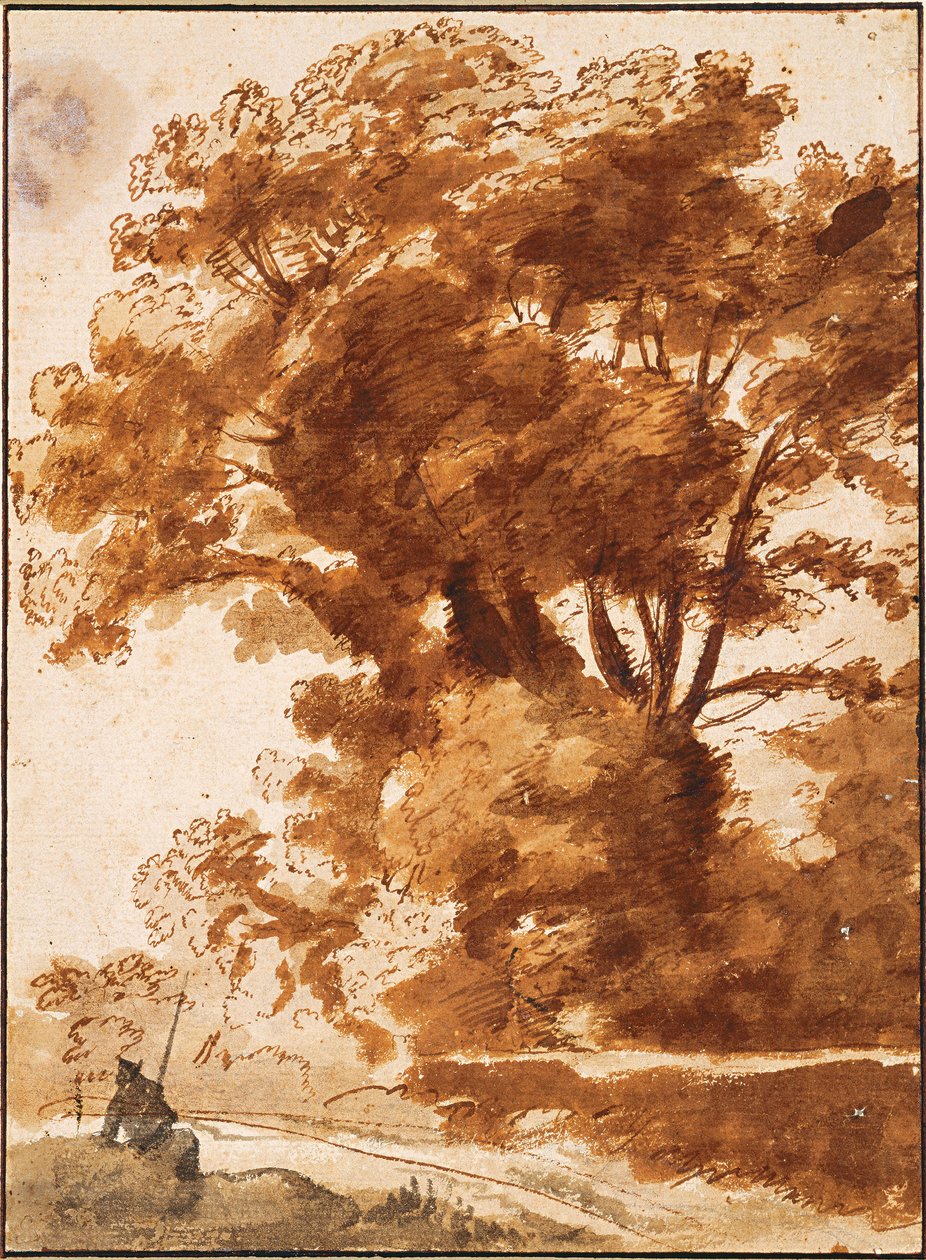 ""Gruppe af træer og hvilende hyrde"" (Gruppe af træer og hvilende hyrde) Tegning af Claude Lorrain (1600-1682) Cirka 1630 Dim 28,3x20,7 cm Albertina, Vienne af Claude Lorrain