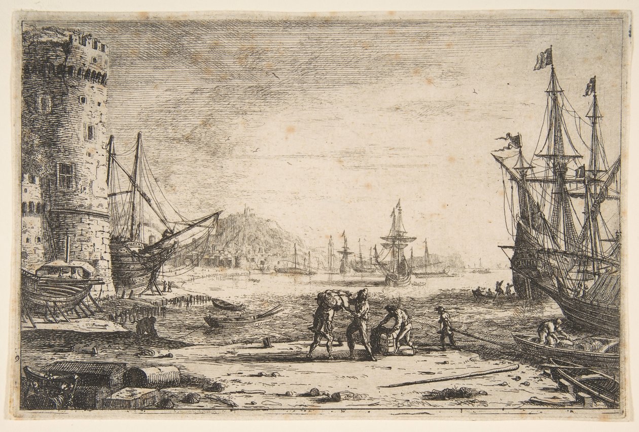 Havn med stort tårn, ca. 1641. af Claude Lorrain