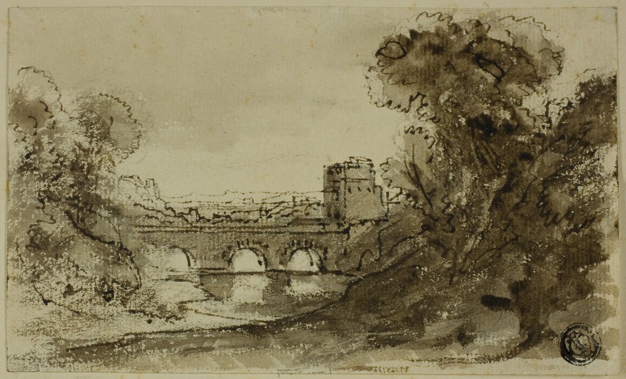 Italiensk flodlandskab med bro med tårn af Claude Lorrain