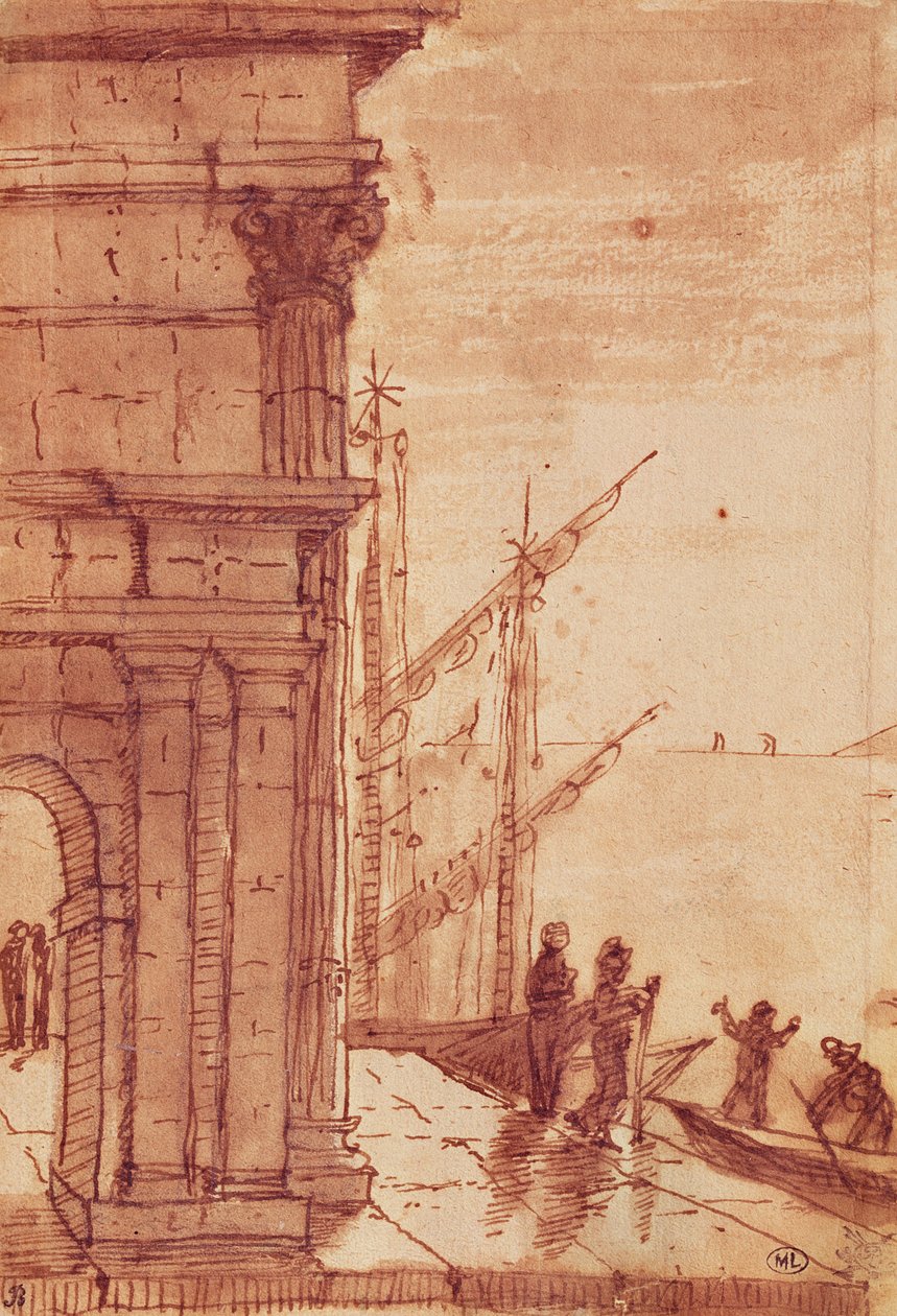 Landingsstadie ved solopgang (pen, brunt blæk, brun vask og sort farveblyant) af Claude Lorrain