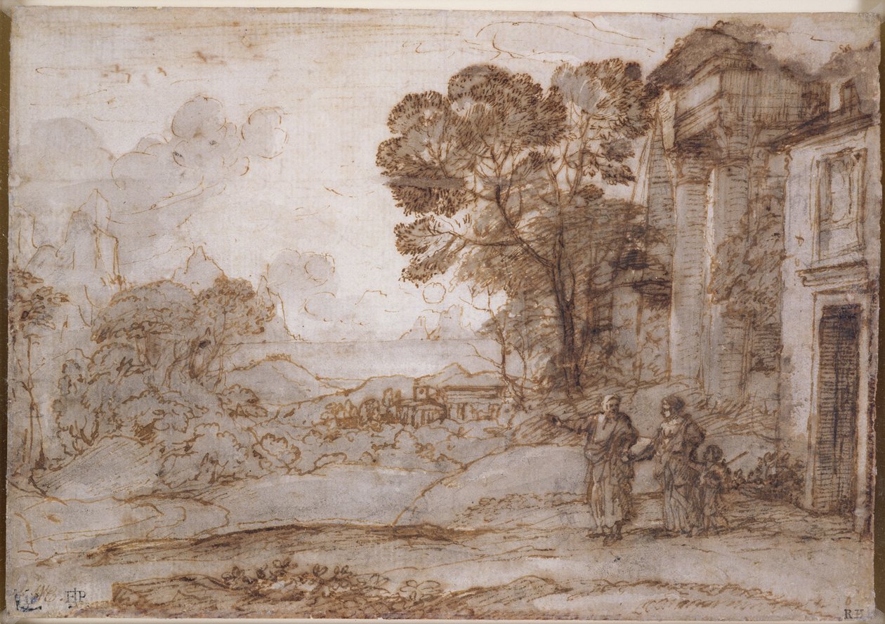 Landskab med Abraham, der udstøder Hagar og Ismael, ca. 1665-67 (pen og blæk og vask over kridt på papir) af Claude Lorrain