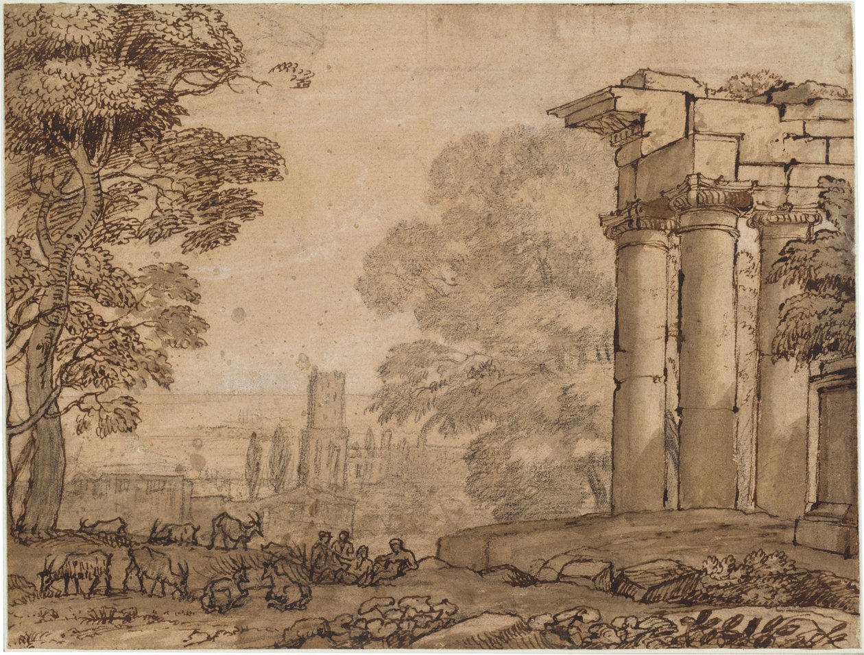 Landskab med ruiner, pastorale figurer og træer af Claude Lorrain