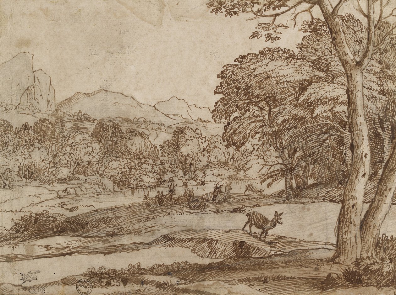 Landskab med en flok hjorte, 1666 (sort kridt, gnidet, med kuglepen og brunt blæk på plettet råhvidt papir) af Claude Lorrain