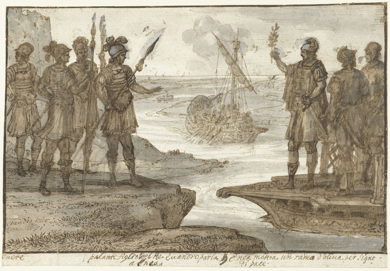 Møde Aeneas med Pallas, søn af Eander (Evander) af Claude Lorrain