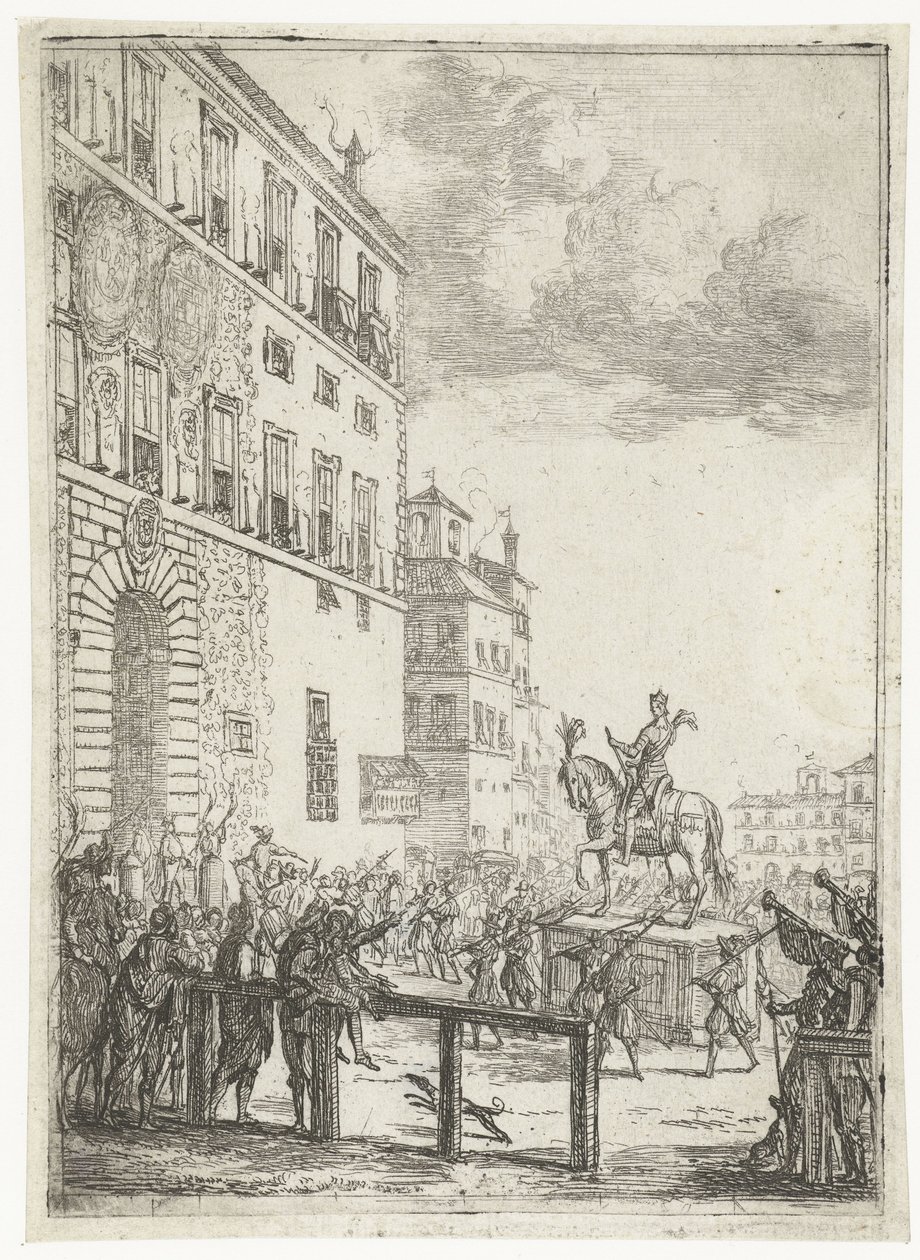Rytterstatue af kejseren af ​​Det Hellige Romerske Rige Le Statue equestre du roi des romains Fyrværkeri og festligheder i anledning af den nyvalgte kejser af Det Hellige Romerske Rige (serietitel) af Claude Lorrain