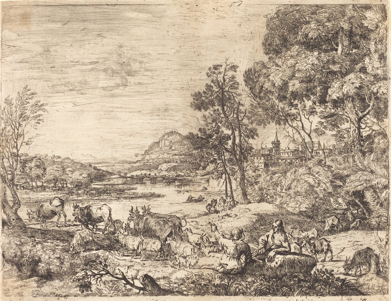 Hyrde og hyrdinde taler i et landskab (Berger et bergère conversant) af Claude Lorrain