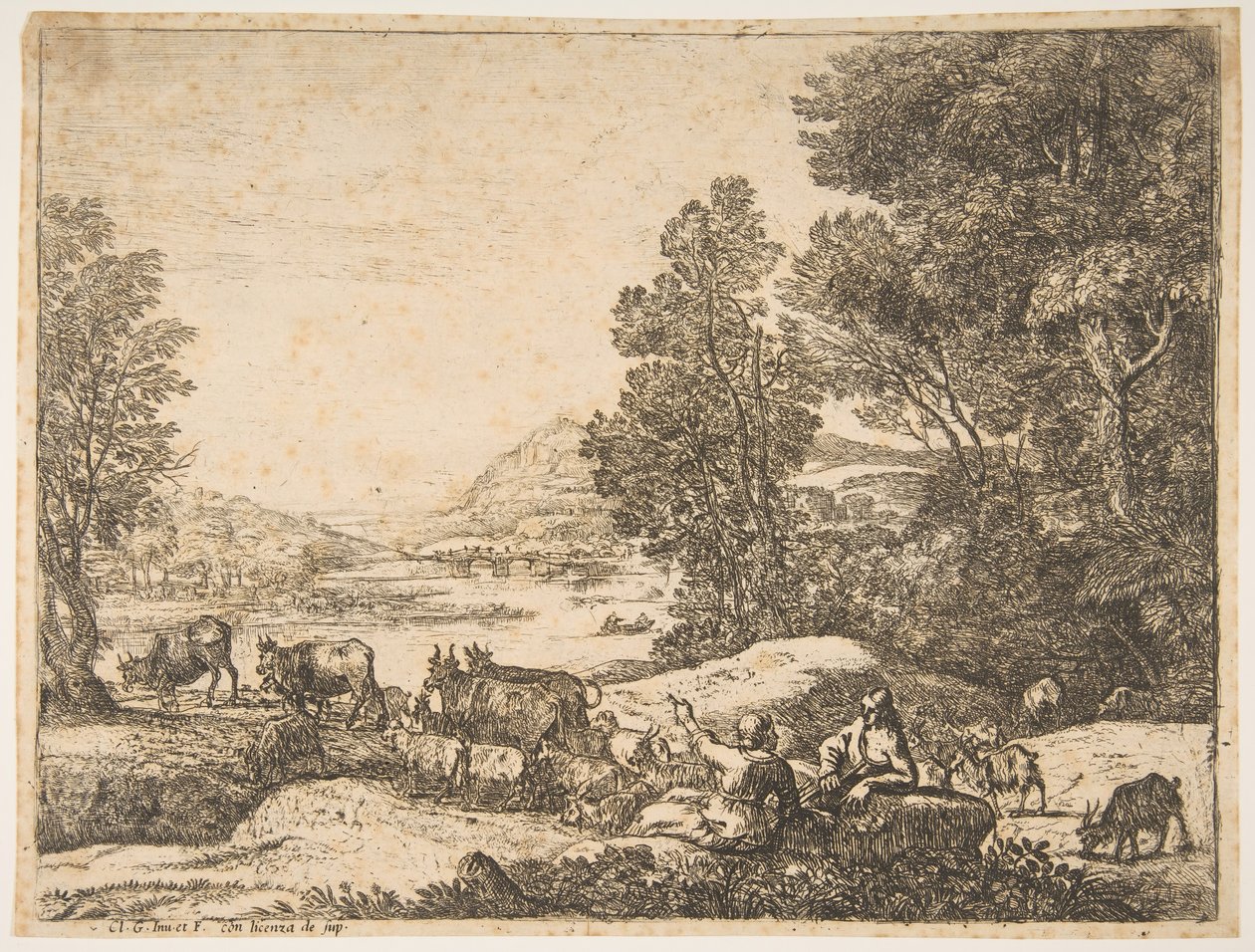 Hyrde og hyrdinde taler i et landskab, ca. 1651. af Claude Lorrain