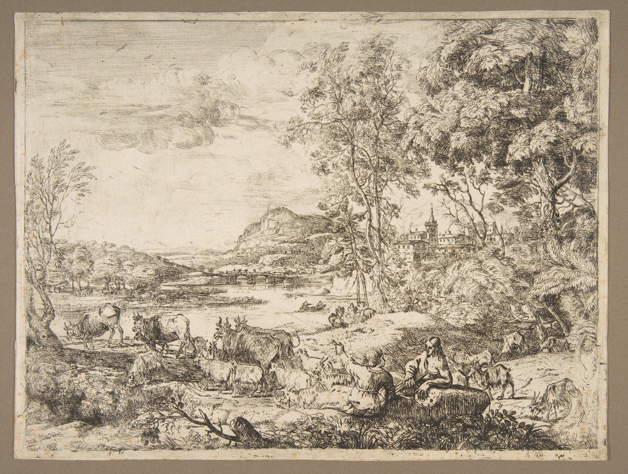 Hyrde og hyrdinde taler i et landskab, ca. 1651. af Claude Lorrain